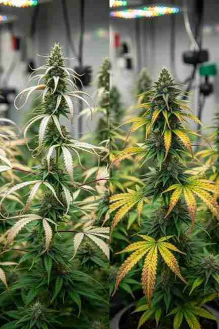 Bleached white cannabis leaves from intense light stress – common post-vegetative stress cause
