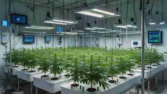 Affordable IoT devices for cannabis grow: Inkbird hygrometer, soil moisture sensors on smart plug, automation setup with cannabis plants under LED lights for automation for cannabis grow beginners