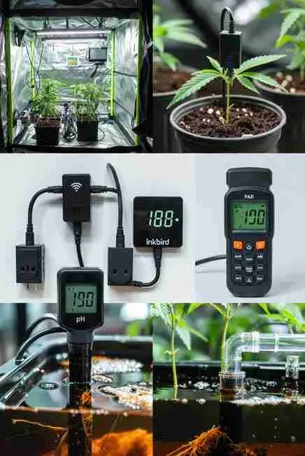 Close-up cannabis grow sensors including pH probe in hydro reservoir, PAR light meter, CO2 monitor, soil moisture sensor in pot with seedling for smart growing cannabis seeds and IoT monitoring