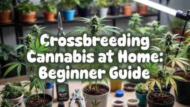 Home cannabis breeding setup with young seedlings, pots, soil, and tools for DIY cannabis genetics beginners