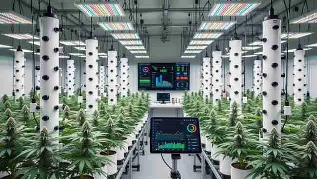 Smart cannabis grow setup showing healthy plants under LED lights with IoT dashboard displaying temperature, humidity, and pH data for automated cannabis growing in 2026