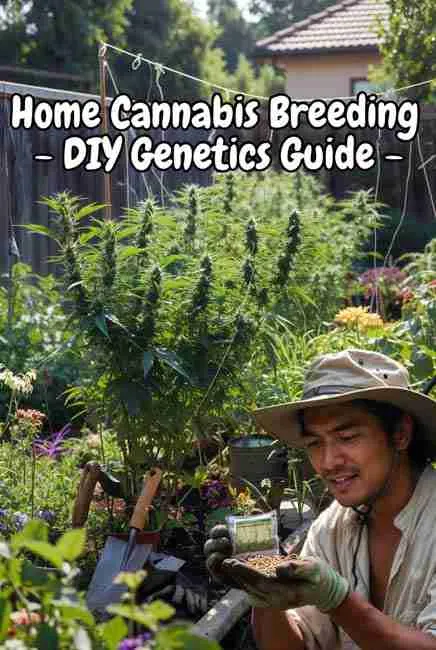 DIY cannabis genetics guide: enthusiastic home grower in backyard garden examining cannabis seeds in hand, surrounded by tall healthy plants, tools and flowers, text overlay "Home Cannabis Breeding - DIY Genetics Guide" for crossbreeding at home beginners