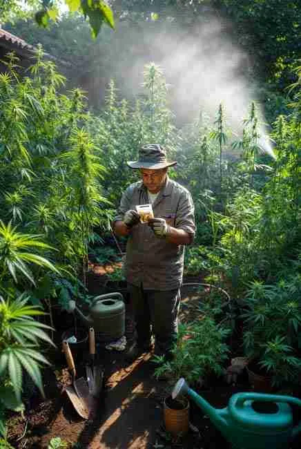 Home cannabis breeding: experienced grower in backyard selecting vigorous parent plants, holding packet of Green Avenger Seeds genetics among lush healthy cannabis plants and gardening tools, ideal for choosing strong breeding stock in DIY cannabis genetics