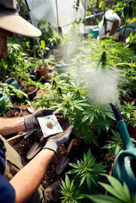 A cannabis grower holding seeds over his cannabis garden looking for cannabis plants for breeding