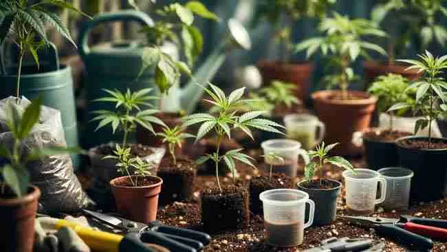 Crossbreeding Cannabis at Home: Beginner Guide title in bubbly cannabis leaf font over indoor grow room with plants and tools