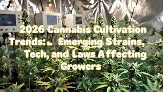 2026 Cannabis Cultivation Trends title in bold bubble cannabis leaf text over modern indoor grow room with LED lights and plants
