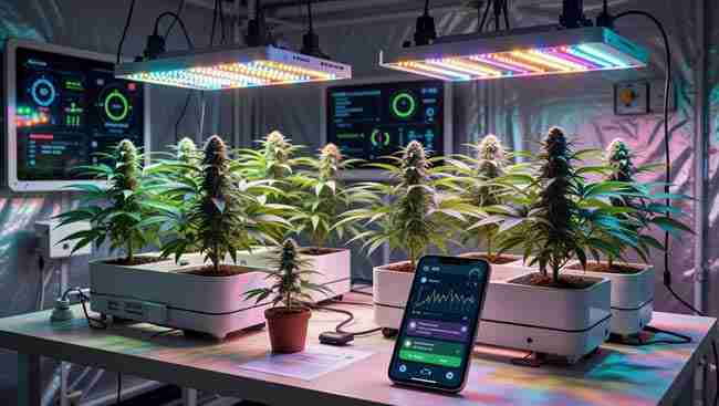 Futuristic 2026 cannabis grow room showing thriving plants under smart LED lights and smartphone displaying AI watering alerts