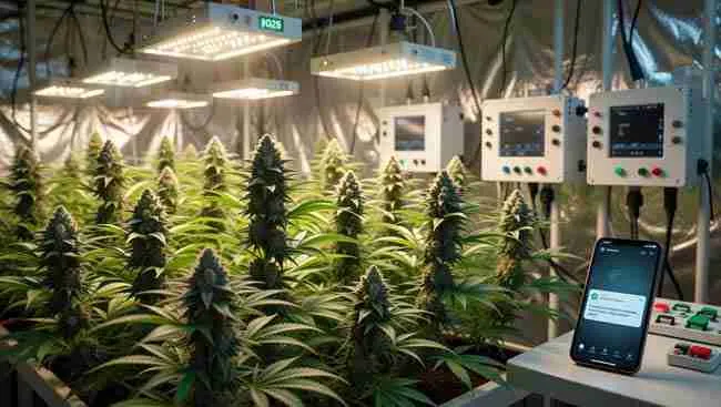 Advanced cannabis cultivation setup in 2026 featuring healthy marijuana plants, LED grow lights, and digital monitoring dashboards