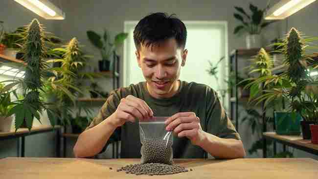 Excited grower unboxing and inspecting fresh cannabis seeds from Green Avenger Seeds in a home grow room, premium genetics arrival for successful germination
