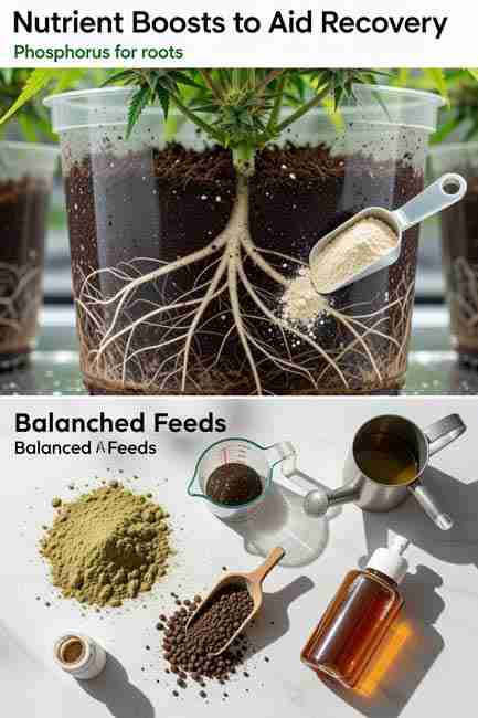 Healthy cannabis roots exposed in transparent pot with bone meal phosphorus boost for recovery