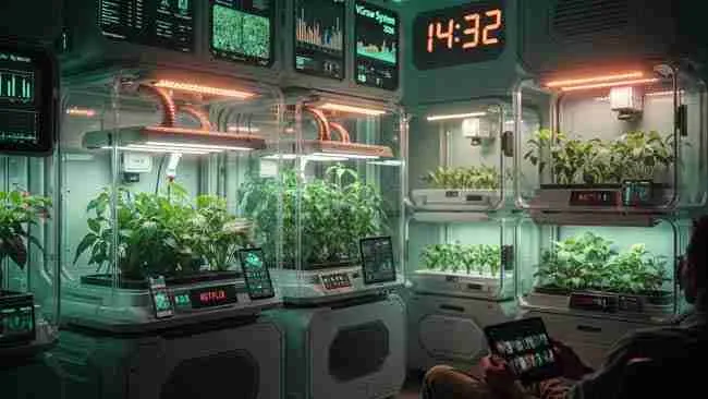 2026 cannabis trends smart grow system VGrow pods with thriving plants under app-controlled lights vents and nutes relaxed grower watching Netflix on tablet highlighting easy set-it-and-forget-it cultivation