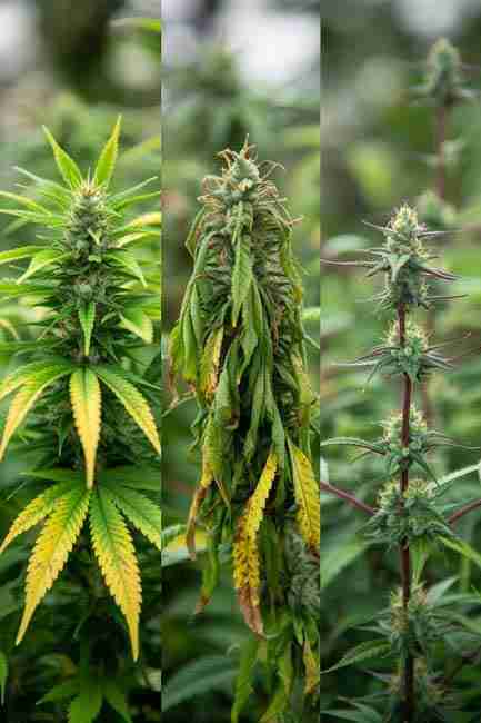 Close-up of cannabis leaves showing yellowing tips and nutrient burn – identifying post-veg stress signs