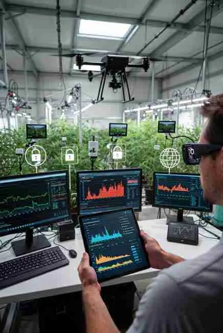 2026 IoT cannabis cultivation future: drone outdoor grow monitoring, AR glasses overlaying plant data, AI phenotype selection for super strains, encrypted privacy, bio-sensors detecting cannabinoid levels, nanotech nutrients, sustainable automation for cannabis grow