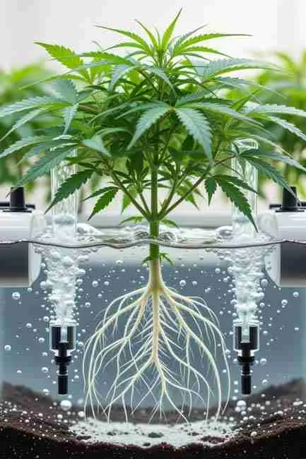 A cannabis plant with healthy oxygenated roots in a hydroponic system