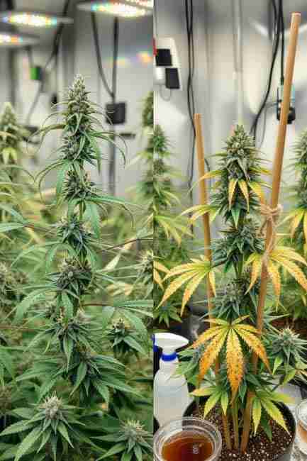 Stressed cannabis plant receiving organic nutrient boost with compost tea and kelp – post-veg revival methods