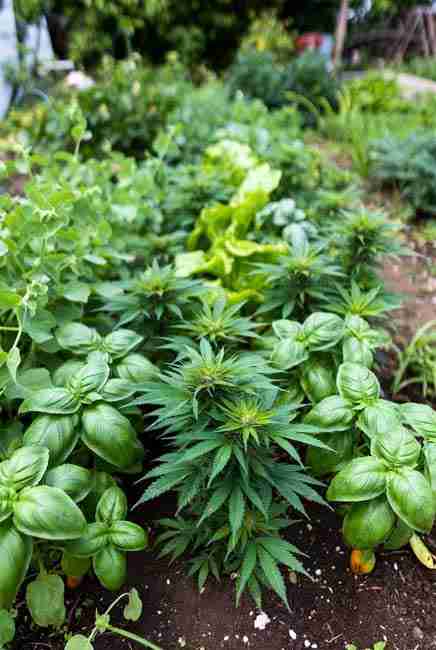 Mixed planting cannabis with smart companions like basil for thrip repulsion and terpene enhancement, beans and peas for nitrogen fixing, in intercropping cannabis vegetables setup showing higher yields, reduced bud damage and water savings for sustainable home grows