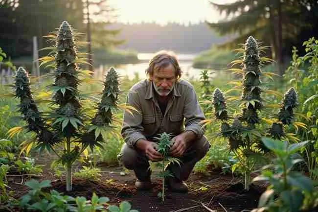 Legendary 1970s Pacific Northwest grower discovering original Northern Lights #5 cannabis plants in outdoor field