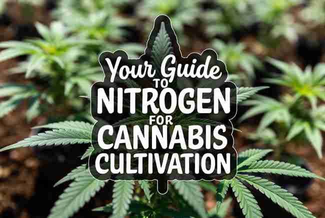 Stylized cannabis leaf bubble text graphic saying Your Guide to Nitrogen for Cannabis Cultivation above healthy cannabis crop soil