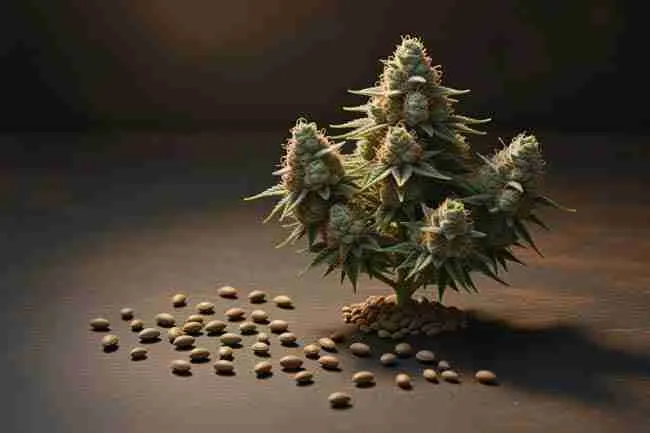 Premium Northern Lights cannabis seeds scattered around healthy #5 phenotype plant showing massive resin production