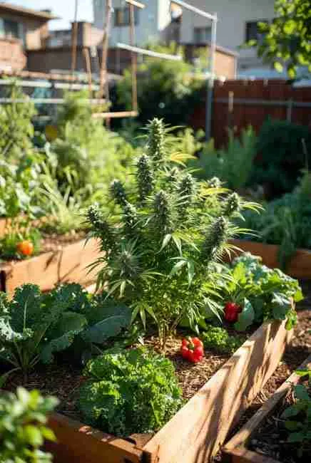 Mixed planting cannabis and tomatoes in wooden raised bed showing efficient garden layouts where cannabis offers shade protection to prevent tomato bolting while tomato foliage cools cannabis roots