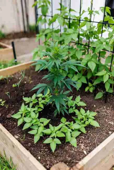 Pole beans and bush beans surrounding cannabis in intercropping cannabis vegetables setup – bush beans ringing the base for low-profile nitrogen fixation, pole beans climbing north-side trellis out of the way, chop-and-drop roots left as free fertilizer for next crop in sustainable companion planting systems