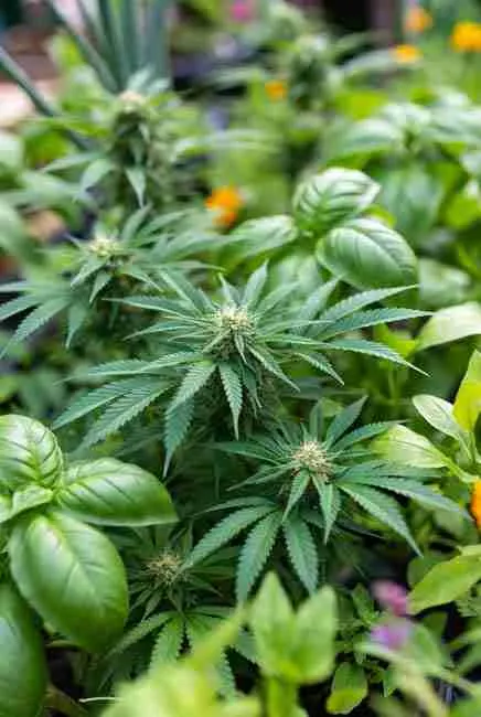 Close-up of mixed planting cannabis with basil and marigolds demonstrating pest confusion in intercropping cannabis vegetables setups, strong herbal scents deterring spider mites and aphids for healthier buds without sprays