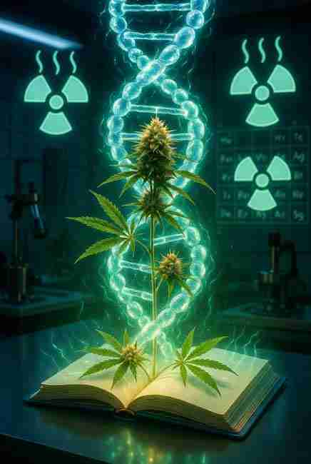 Illuminated cannabis plant DNA double helix rising from a vintage book page surrounded by mutant cannabis leaves and buds in a scientific laboratory environment, representing genetic mutations in cannabis plants