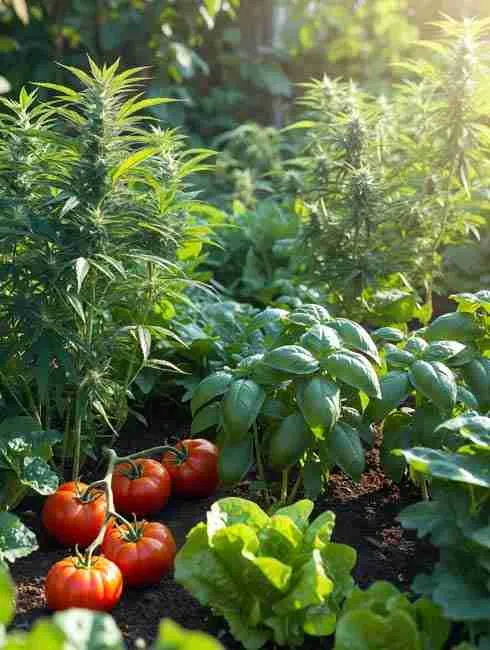 Tomatoes as cannabis companions for shade in intercropping cannabis vegetables setup – tall staked indeterminate tomato plants growing beside cannabis providing dappled shade and living mulch