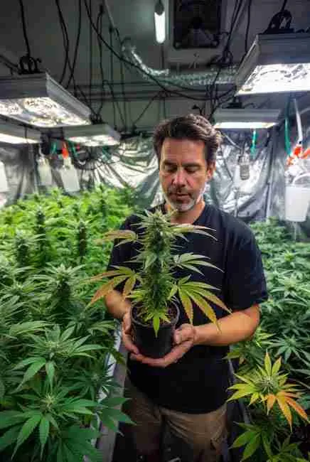 Excited cannabis breeder holding a unique mutant cannabis plant with distinctive genetic variations in a professional grow room, discovering and documenting potential legendary strains from regular seed packs at Green Avenger Seeds