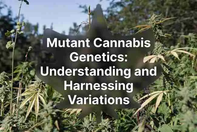 Mutant Cannabis Genetics title in bold bubble cannabis leaf style over lush mutated cannabis plants in natural outdoor setting