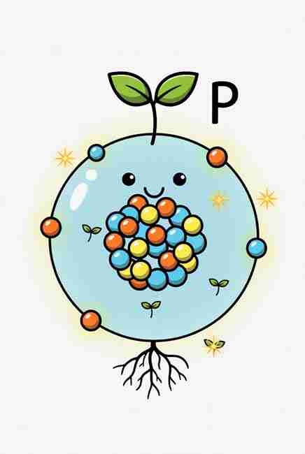 Friendly cartoon phosphorus atom character labeled P surrounded by plant roots and glowing ATP energy sparks for cannabis growing guide