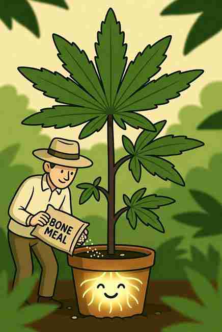 Cartoon grower happily pouring organic bone meal fertilizer around thriving cannabis plant base with glowing happy roots