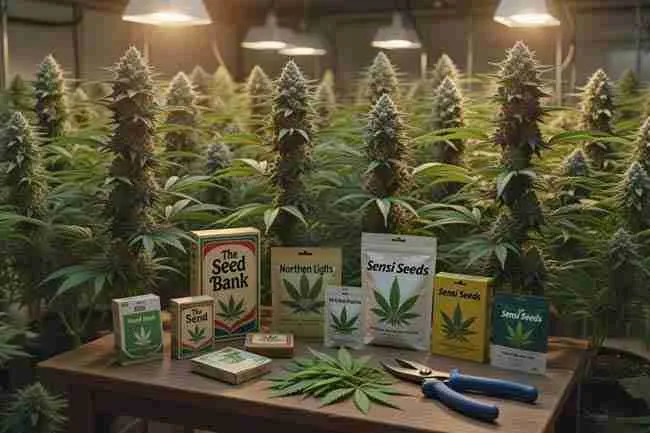 Vintage Sensi Seeds and The Seed Bank Northern Lights seed packs on table with thriving indoor cannabis grow