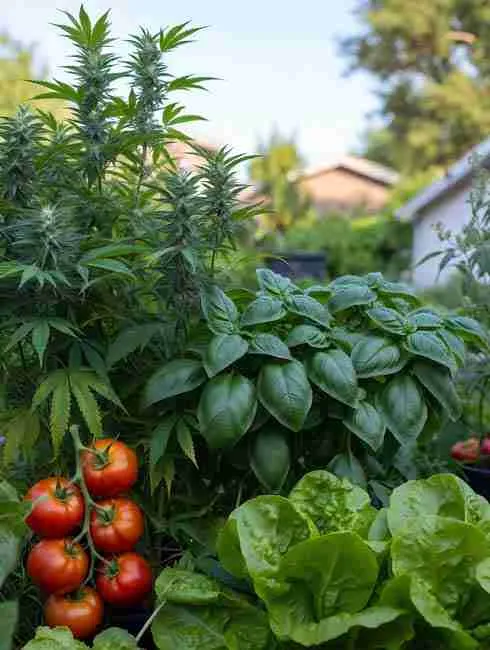 Raised bed intercropping cannabis vegetables example with cannabis plants surrounded by kale, peppers and greens demonstrating natural pest control and higher yields for beginners