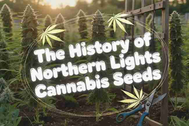 The History of Northern Lights Cannabis Seeds in glowing bubble letters over lush cannabis garden background