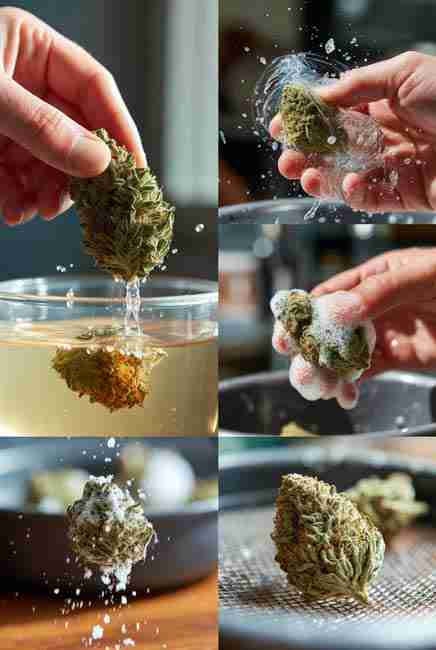 Violent swirling squeezing buds skipping final rinse slow drying and washing dry buds - top errors that ruin cannabis bud washing results