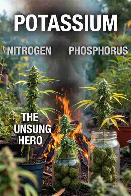 Potassium the unsung hero of cannabis nutrients versus nitrogen and phosphorus - illustration of strong healthy plants and heavy buds