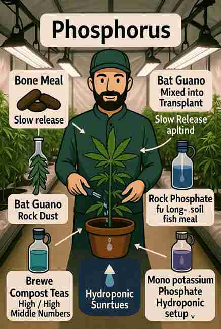Close-up realistic image of grower applying synthetic bloom fertilizer and mono potassium phosphate solution to cannabis plants in hydroponic or soil setup showing precise control of phosphorus feeding in indoor cultivation