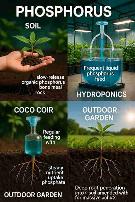 Realistic image of grower managing phosphorus in hydroponic and coco coir systems using frequent liquid feeds and nutrient reservoirs alongside outdoor garden bed amended with deep rock phosphate for steady root uptake