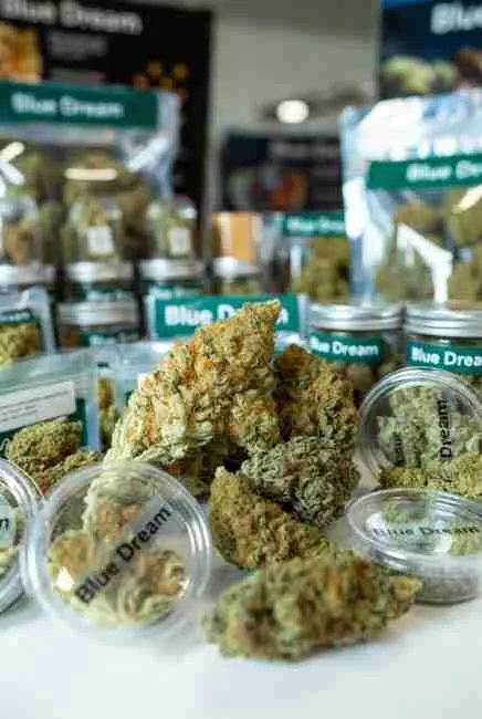 Assortment of dense frosty Blue Dream cannabis buds and branded packaging displayed on dispensary shelves