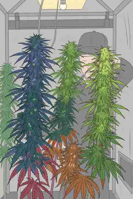 Illustrated close-up of phosphorus deficient cannabis foliage featuring purple reddish leaf margins sunken brown patches curled tips small airy buds and stunted growth grower inspecting weak plants for nutrient issues