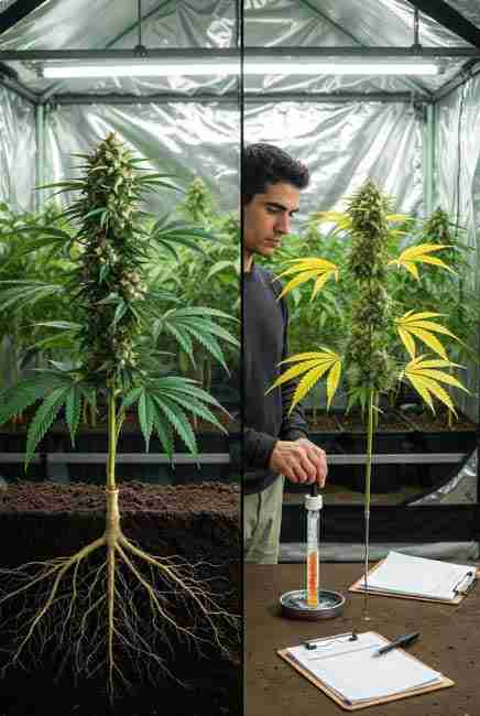 Realistic split-image comparison showing healthy cannabis plant with massive roots dense resinous buds and high potency from proper phosphorus use versus plants with yellow leaf tips micronutrient lockout symptoms from excess phosphorus in grow tent