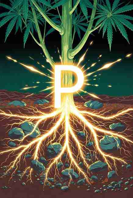 Vibrant cannabis plant with thick green stem and leaves emerging from dark soil with powerful glowing P symbol at the root zone showing energy flow for Phosphorus cannabis cultivation
