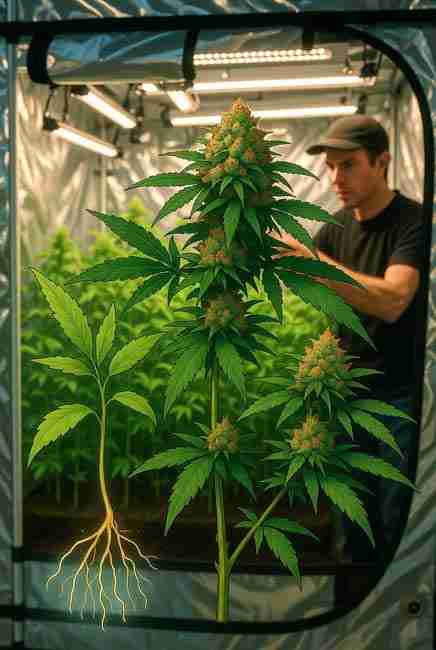 Vibrant cannabis plants in seedling vegetative and flowering phases side by side with strong roots lush leaves and swollen resinous buds grower adjusting grow lights for smooth stage transitions in Phosphorus cannabis cultivation