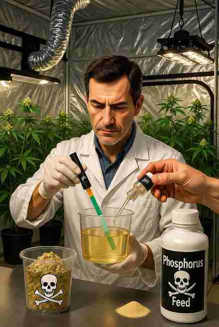 Realistic photo of experienced cannabis grower in grow tent carefully testing runoff pH with meter and adjusting with pH up down solutions next to phosphorus feed bottle and bone meal for correcting nutrient lockout