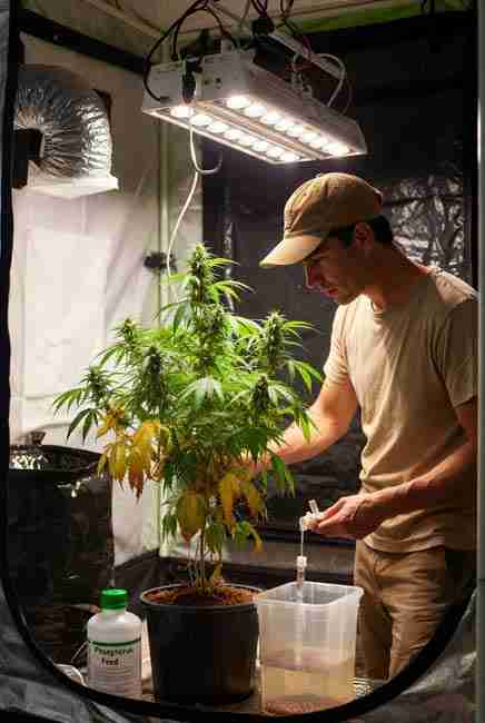 Close-up realistic image of grower in indoor tent applying half-strength phosphorus-rich nutrient feed to cannabis plant in pot using measuring cup ensuring thorough watering to reach roots and promote recovery from deficiency