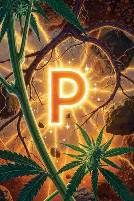 Glowing orange phosphorus P symbol shining brightly among cannabis roots spreading through rocky soil and rich earth illustrating natural phosphorus availability