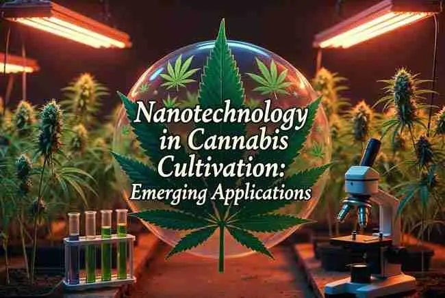 Nanotechnology cannabis growing title "Nanotechnology in Cannabis Cultivation: Emerging Applications" over futuristic lab background with cannabis plants and microscopes