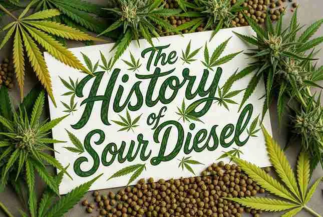 An image of Sour Diesel seeds with The history of sour diesel is bubble text for main image