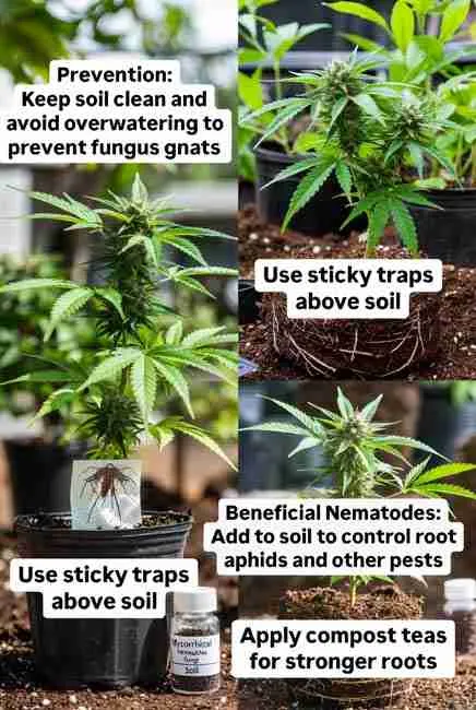 Close-up of cannabis seedlings and pots demonstrating organic prevention methods including sticky traps above soil, mycorrhizal fungi application, compost teas, and beneficial nematodes for root aphids and fungus gnats protection